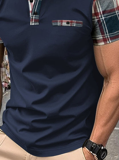 Men'S Casual Patchwork Plaid Polo Shirt