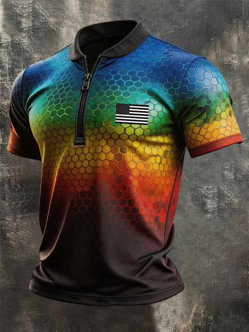 Men's Retro Color-Block Zip-Up T-Shirt
