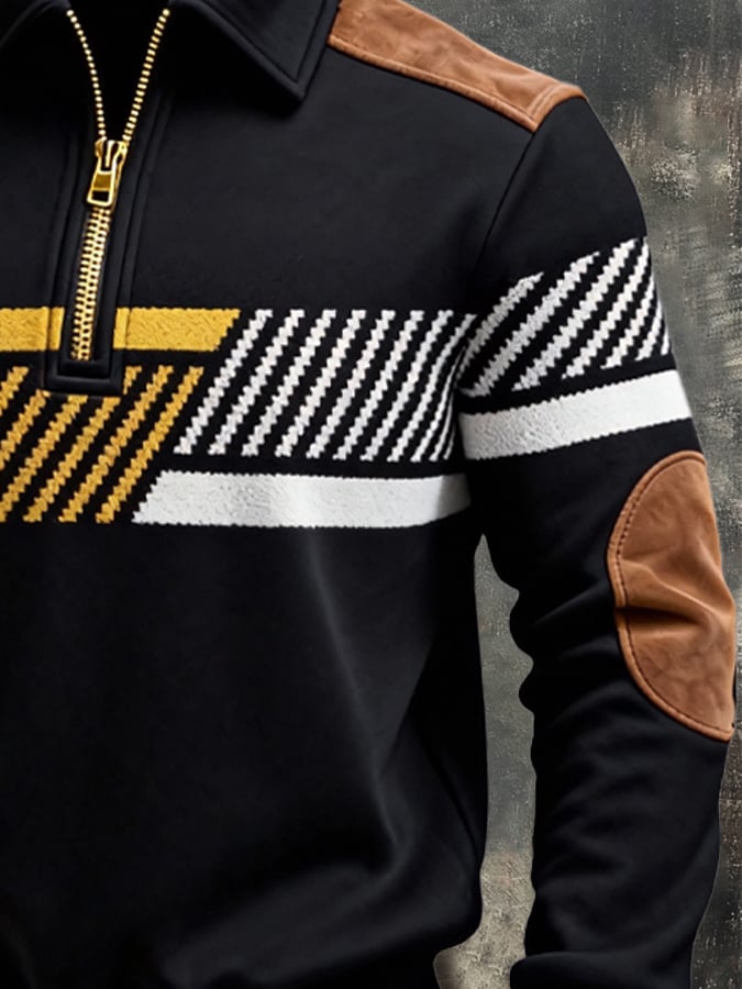 Men's Retro Color Block Print Zipper Sweatshirt
