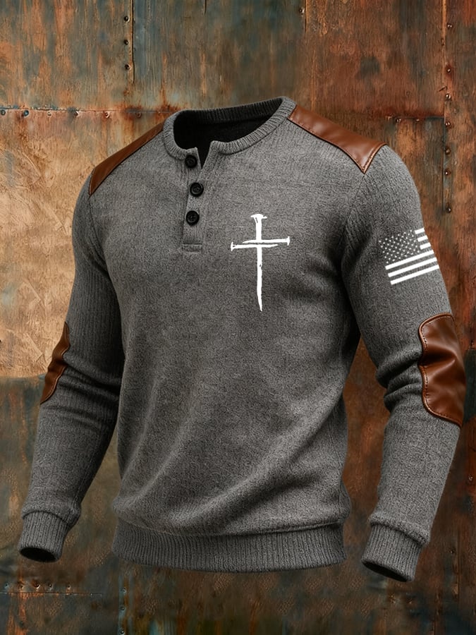 Men's Cross Flag Print Henley Collar Shirt