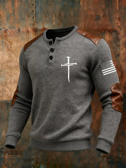 Men's Cross Flag Print Henley Collar Shirt