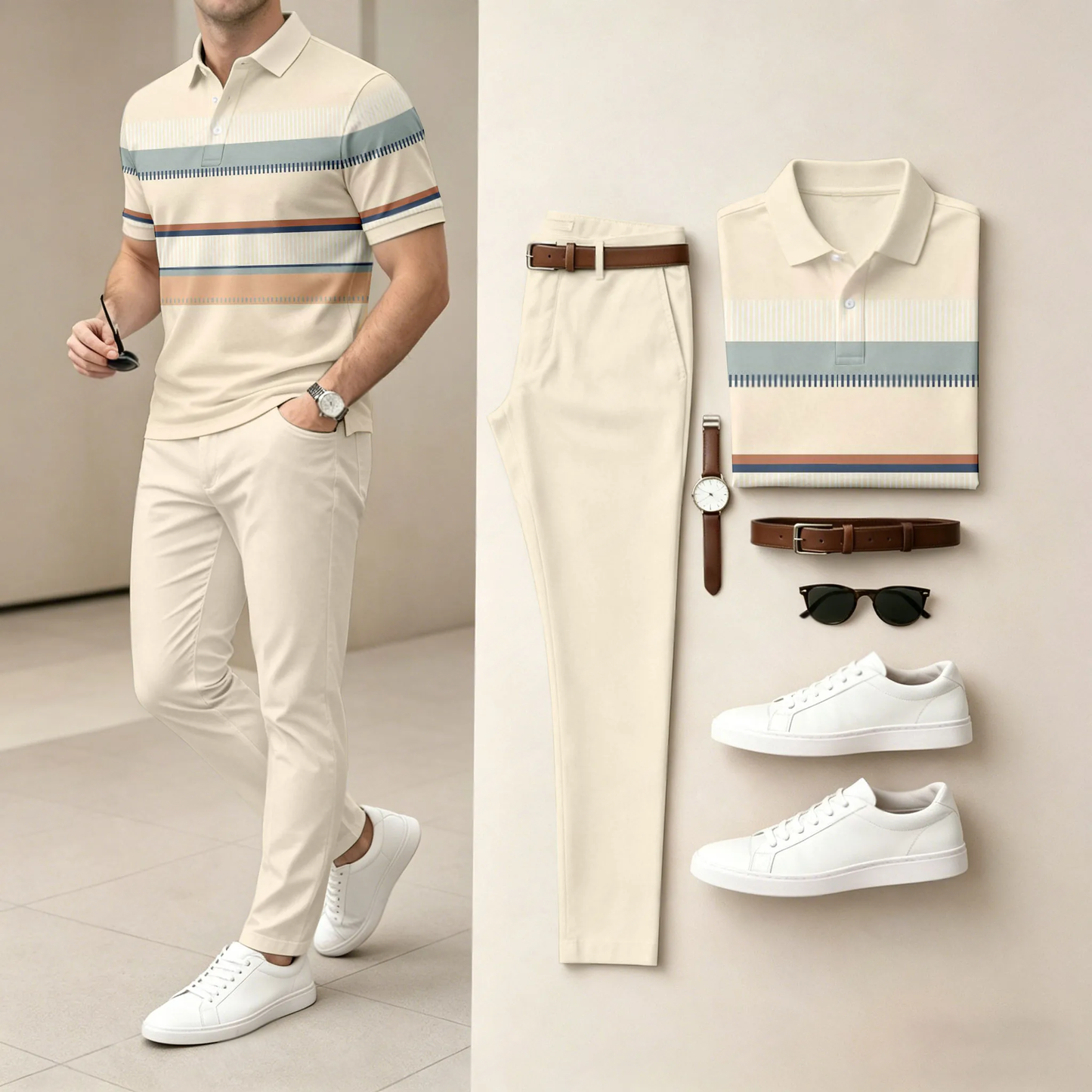 Men's Casual Off-White Geometric Printed Polo Shirt And Pants Two-Piece Set