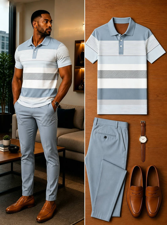 Men's Casual Short Sleeve Polo Shirt And Pants Two-Piece Set