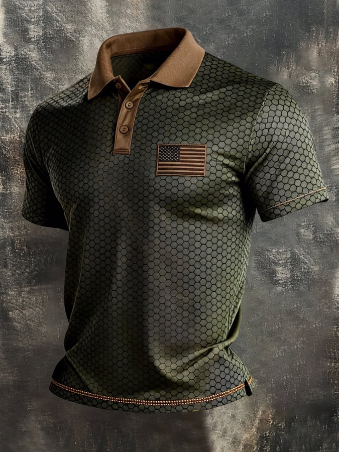 Men's Retro Patriot Color Block Polo Collar Short Sleeve