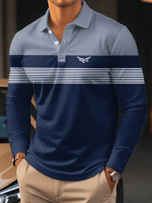 Men's Retro Business Stripe Print Long Sleeve Polo Shirt