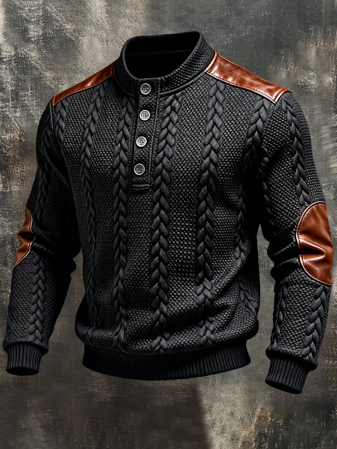 Men'S Vintage-Style Textured Patchwork Color-Block Long-Sleeved Sweatshirt
