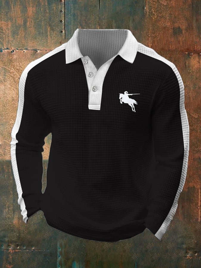 Men's Business Casual Waffle Fabric Long Sleeve Polo Shirt