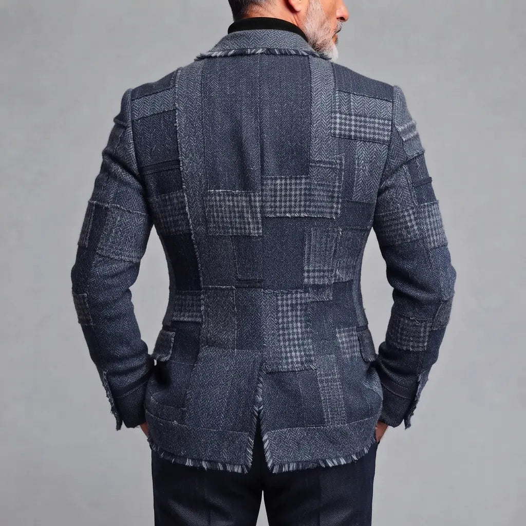 Men's Stylish Dark Blue Colorblock Houndstooth Peak Lapel Toggle Closure Frayed Edge Woolen Blazer