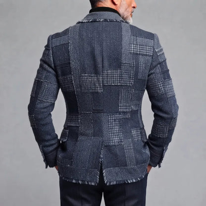 Men's Stylish Dark Blue Colorblock Houndstooth Peak Lapel Toggle Closure Frayed Edge Woolen Blazer