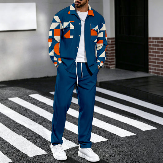 Men's Two-Piece Set: Patchwork-Print Shirt and Pants