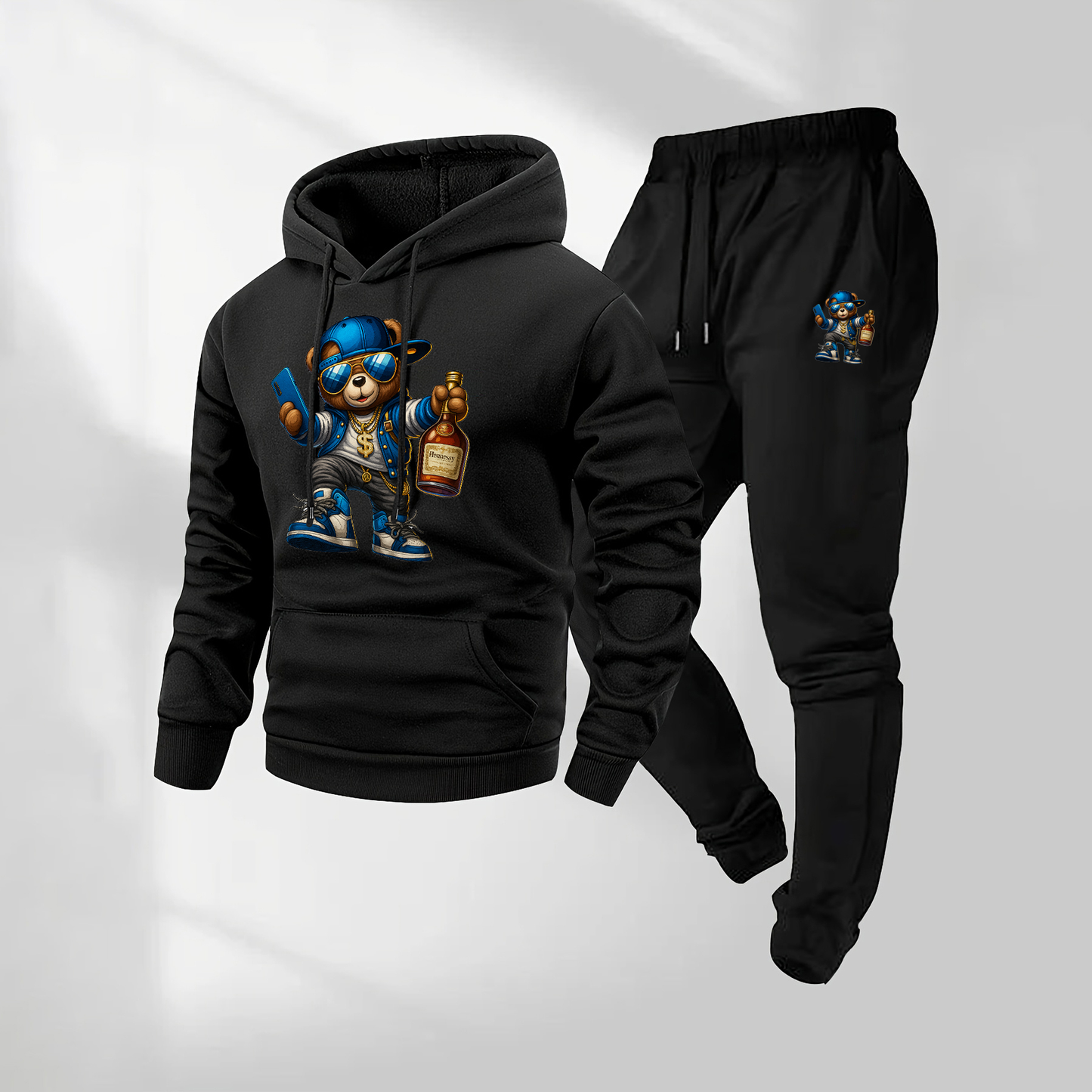 Men's Cartoon Bear Patterned Hoodie And Drawstring Track Pants Set, Men's Casual Athletic Long-Sleeved Hooded Jacket And Pants, Suitable For Fall And Winter, Street Style Hoodie Set, Men's Everyday Wear, Indoor And Outdoor Sportswear,