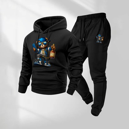 Men's Cartoon Bear Patterned Hoodie And Drawstring Track Pants Set, Men's Casual Athletic Long-Sleeved Hooded Jacket And Pants, Suitable For Fall And Winter, Street Style Hoodie Set, Men's Everyday Wear, Indoor And Outdoor Sportswear,