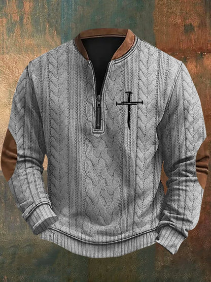 Men's Faith Cross Print Zipper Neck Knit Sweatshirt