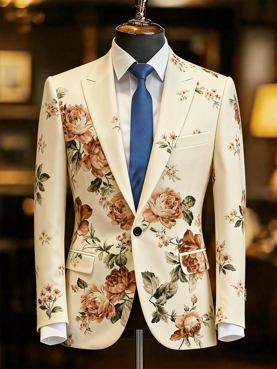 Men's Business Suit Jacket With Floral Print