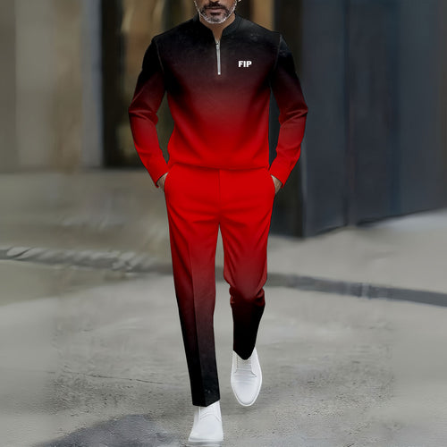 Men's Casual Black & Red Gradient Color Matching Printed Round-Neck Zipper Long Sleeved Trousers Two-Piece Set