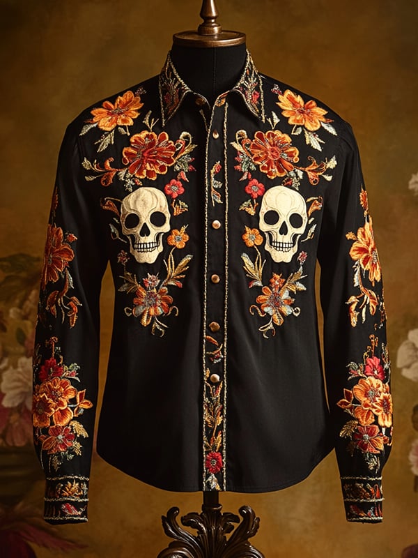 Men's Retro Casual Skull Print Long Sleeve Shirt