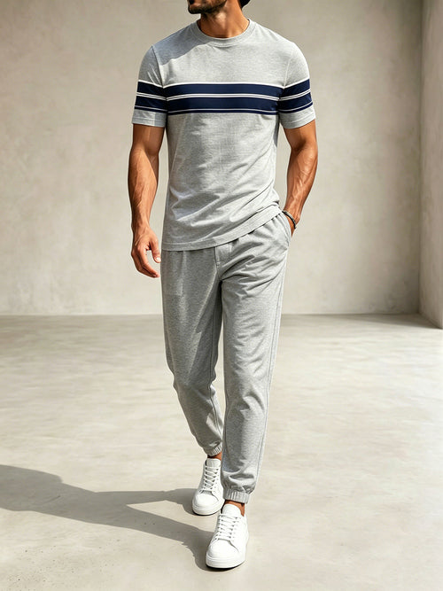 Men's Casual Gray & Royal Blue Color Matching Striped Printed Round Neck T-Shirt & Pants Two-Piece Set