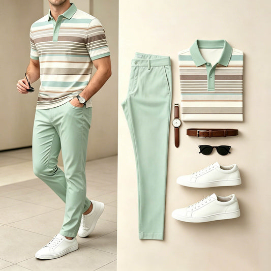 Men's Casual Green & Multi Color Matching Striped Printed Short Sleeves Polo Shirt & Pants Two-Piece Set