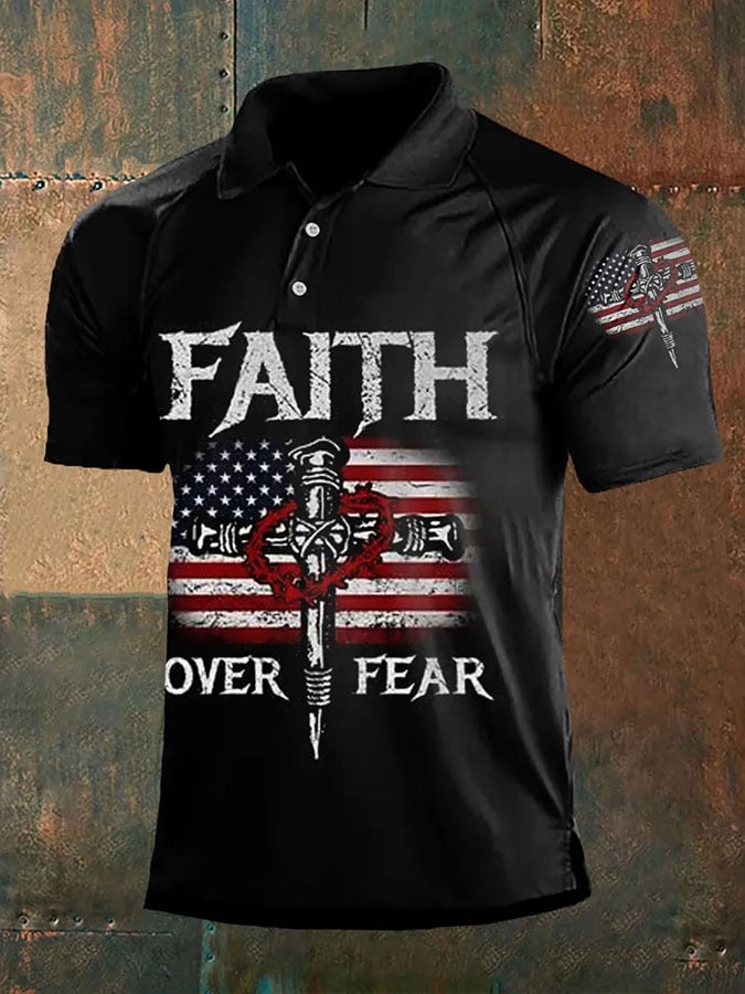 Knitted men's vintage American flag faith over fear cross polo shirt
