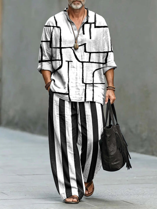 Men's Abstract Geometric Stripes Art Print Cotton Shirt Set