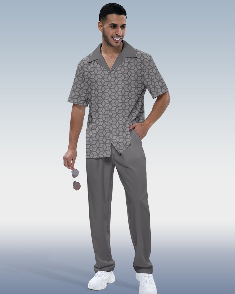 Rianmond Men's Vintage Geometric Print Short Sleeve Shirt Walking Set 576