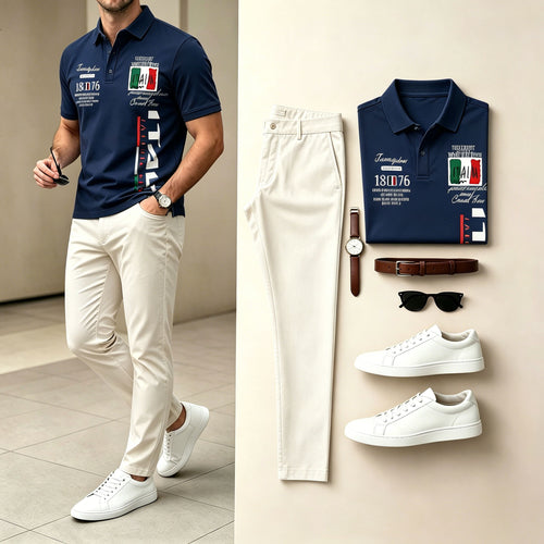 Men's Navy Blue & Beige Color Matching Printed Short Sleeves Polo Shirt & Pants Two-Piece Set