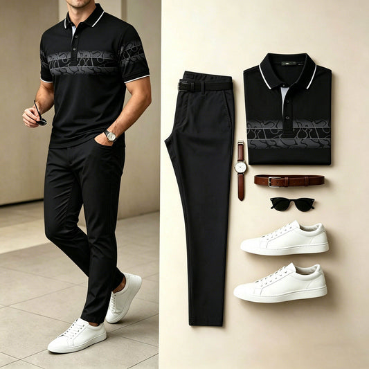 Men's Casual Black Grey Pattern Printed Polo Shirt & Black Pants Two-Piece Set