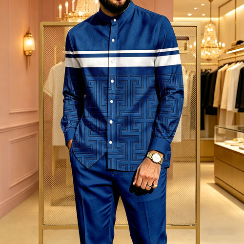 Men's Casual Blue-and-White Color-Blocked Printed Stand-Collar Long-Sleeve Shirt and Pants Two-Piece Set