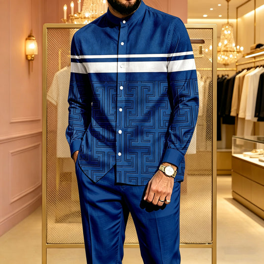 Men's Casual Blue-and-White Color-Blocked Printed Stand-Collar Long-Sleeve Shirt and Pants Two-Piece Set