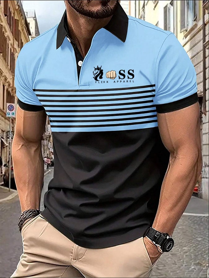 Men's Casual Striped Letter Polo Shirt