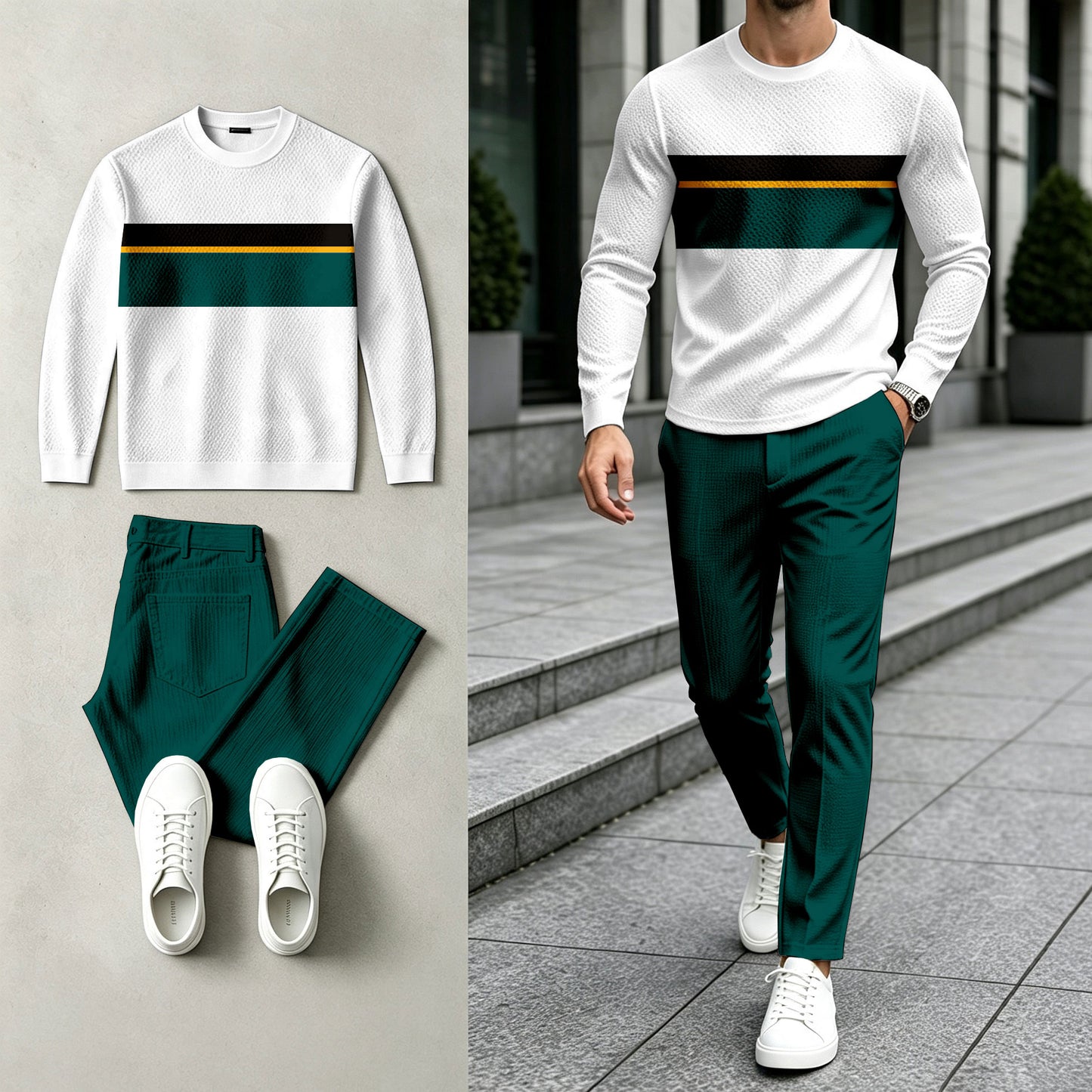 Men's Color-Blocked Round-Neck Sweatshirt and Pants Set