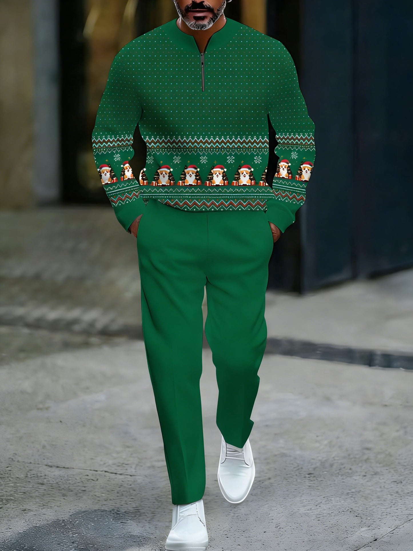 Men's Casual Green Color Matching Christmas Dogs Printed Round-Neck Zipper Long Sleeved Sweatshirt & Trousers Two-Piece Set