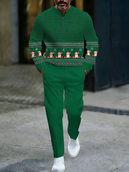 Men's Casual Green Color Matching Christmas Dogs Printed Round-Neck Zipper Long Sleeved Sweatshirt & Trousers Two-Piece Set