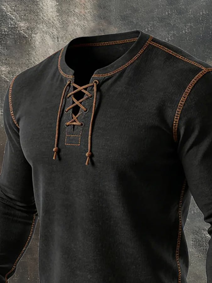 Men'S Vintage Lace-Up Long-Sleeved T-Shirt