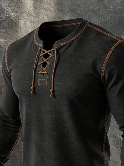 Men'S Vintage Lace-Up Long-Sleeved T-Shirt