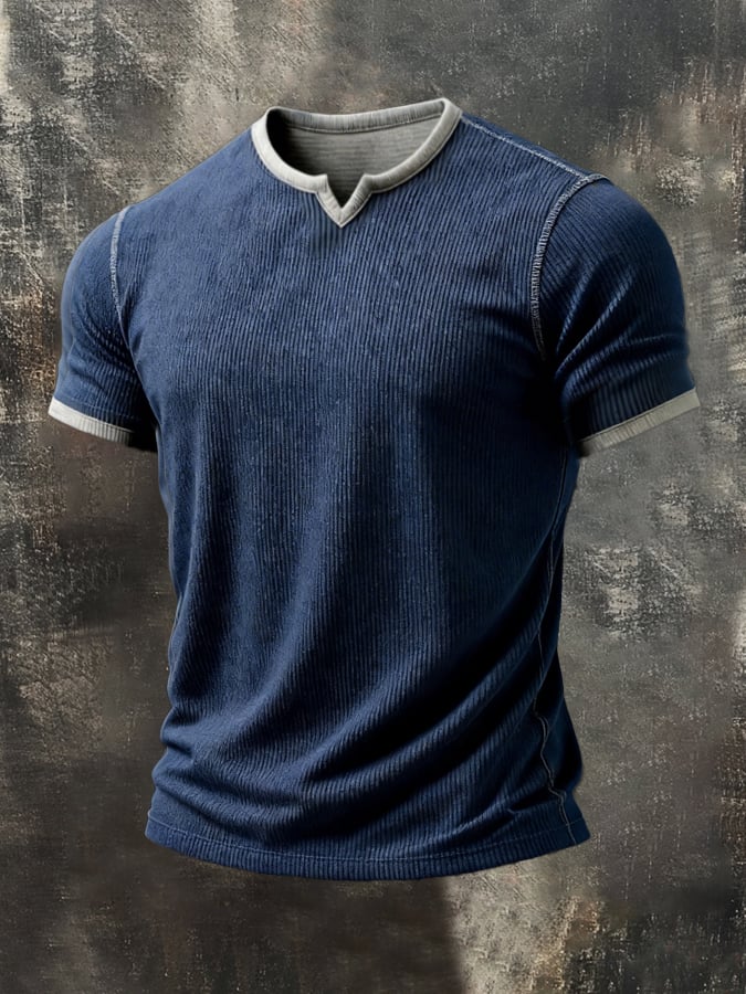Men's Retro Distressed Patchwork Color Block V-Neck Short-Sleeve Top
