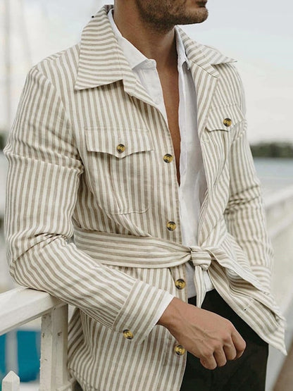 Men's Retro Striped Multi-Pocket Design Casual Suit