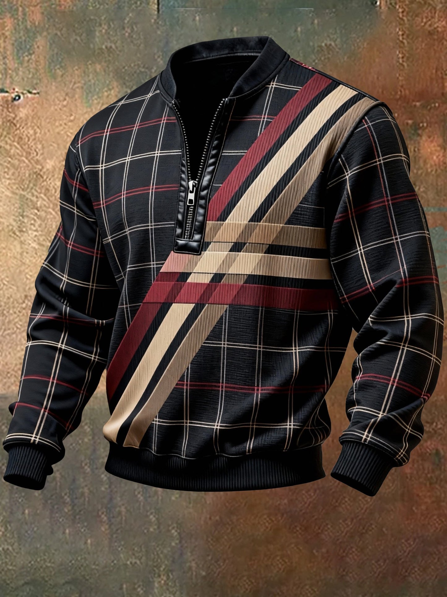 Men'S Casual Retro Contrast Color Half Zip Stand Collar Long Sleeve Sweatshirt