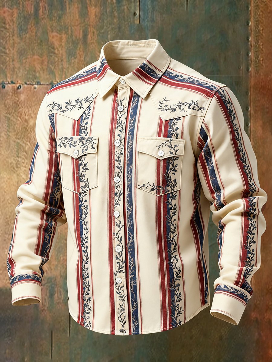 Men's Vintage Striped Western Long-Sleeved Shirt