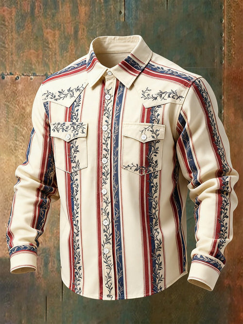 Men's Vintage Striped Western Long-Sleeved Shirt