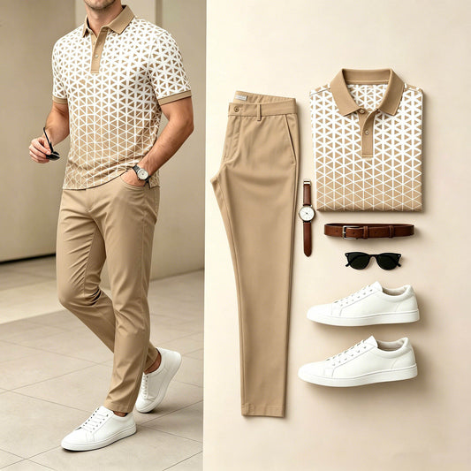 Men's Casual Tan & White Color Matching Geometric Printed Short Sleeves Polo Shirt & Pants Two-Piece Set
