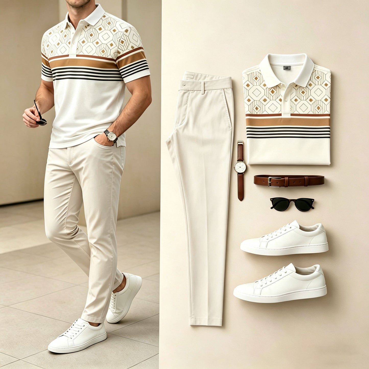 Men's Beige Short-Sleeve Polo Shirt and Pants Two-Piece Set