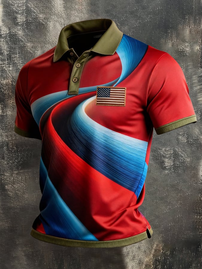 Men's Retro Patriot Color Block Polo Collar Short Sleeve