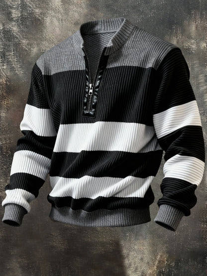 Men'S Casual Retro Contrast Color Half Zip Stand Collar Long Sleeve Sweatshirt