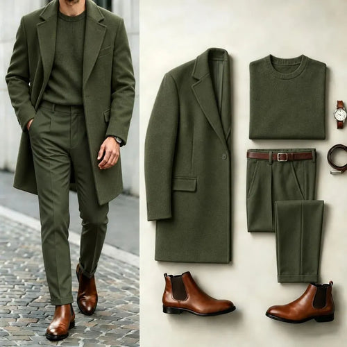 Men's Army Green Solid-Color Suit Set: Coat, Knit Sweater, and Dress Pants