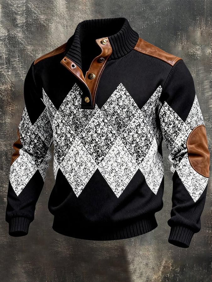 Men's Vintage Jacquard Textured Color-Block Comfortable Henley Sweatshirt