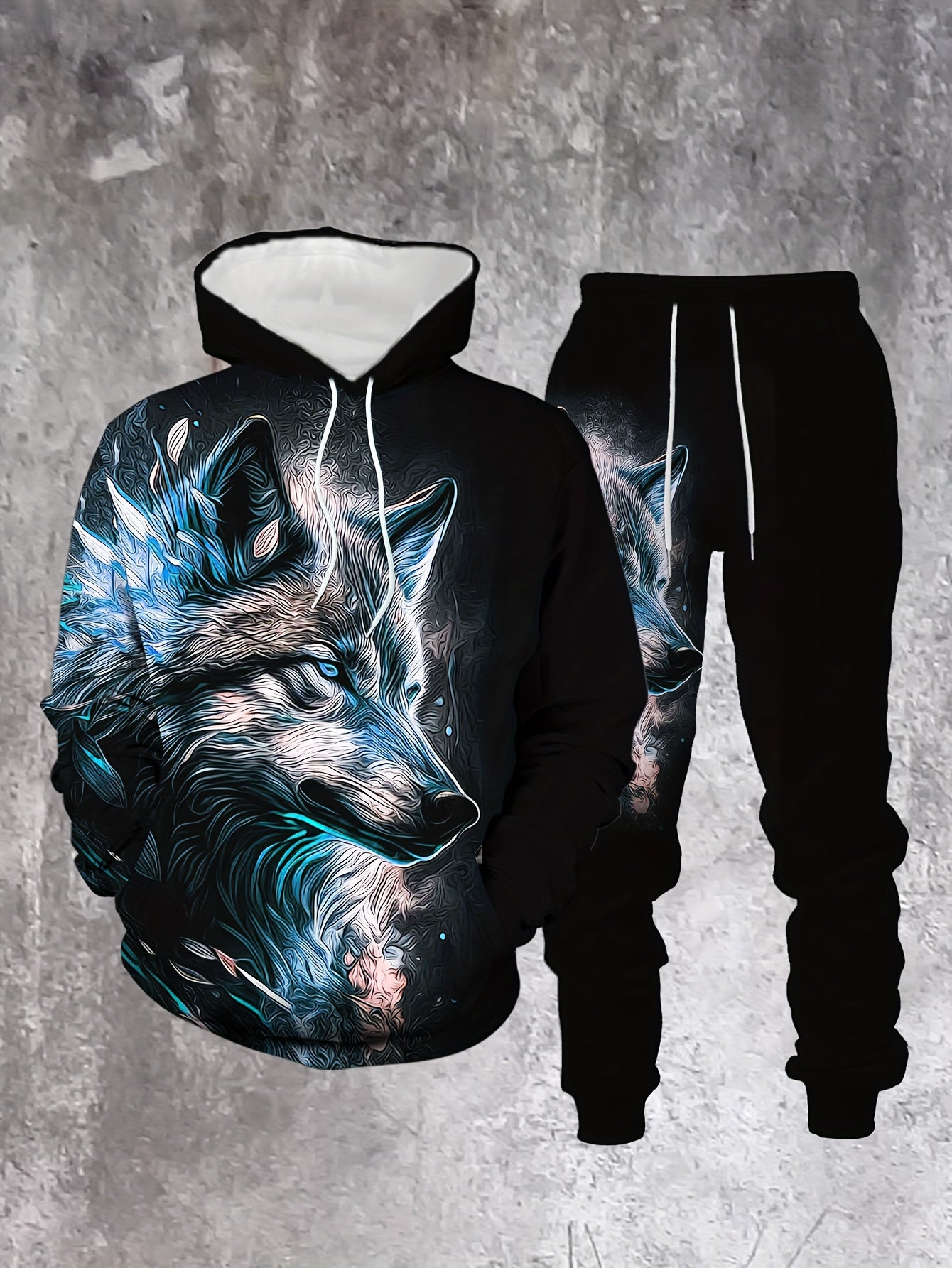 Men's Casual Color " Wolf" Printed Hoodies Long Sleeved Sweatshirts & Sweatpants Two-Piece Set