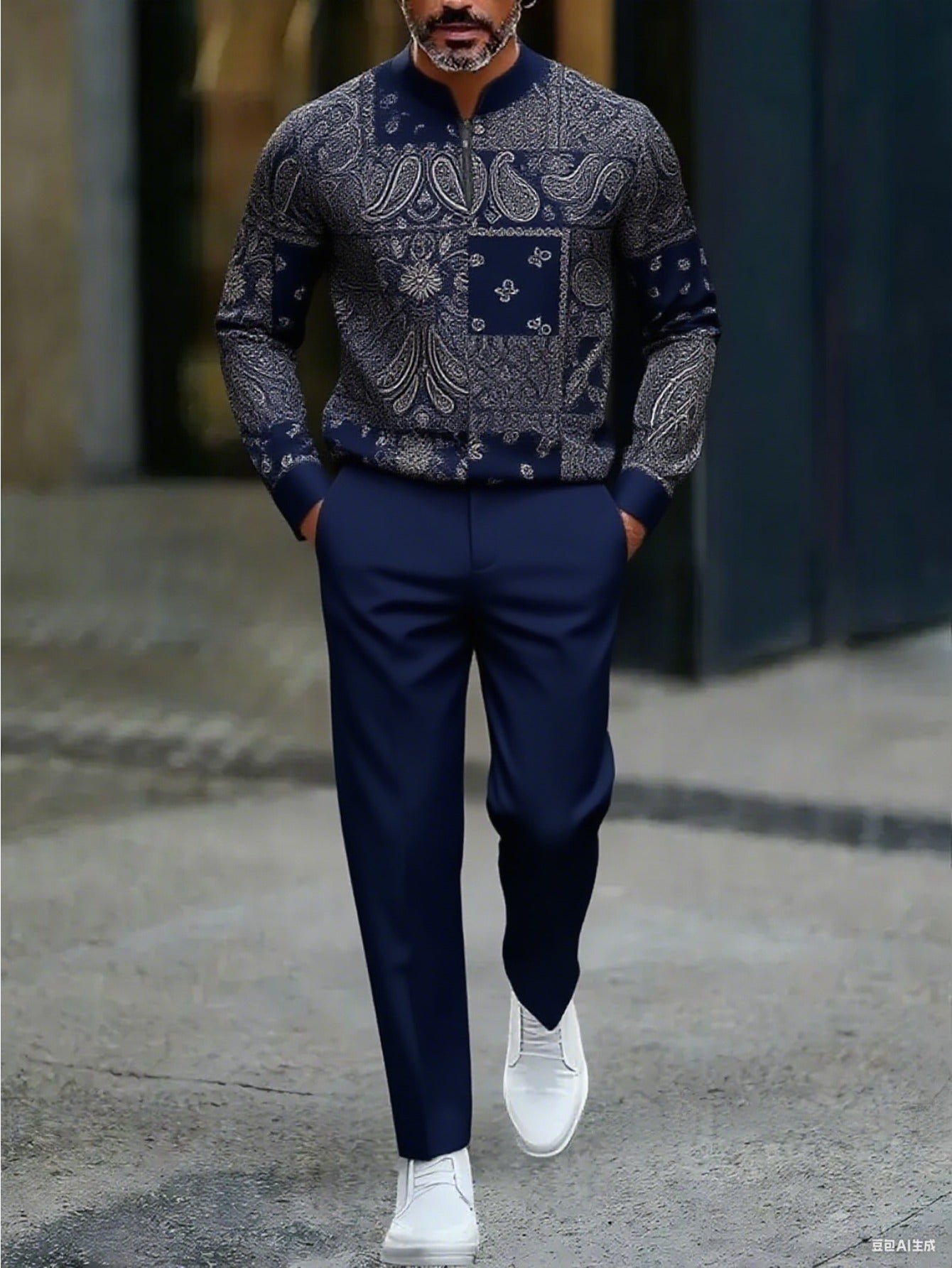 Men's Casual Ethnic Style Printed Round-Neck Zipper Long Sleeved Trousers Navy Blue Two-Piece Set