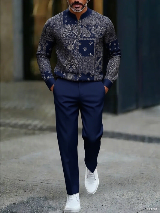 Men's Casual Ethnic Style Printed Round-Neck Zipper Long Sleeved Trousers Navy Blue Two-Piece Set