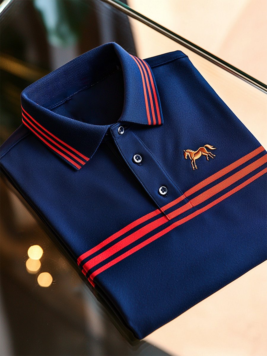 Men's Casual Business Stripe Print Button-Down Short Sleeve Polo Shirt